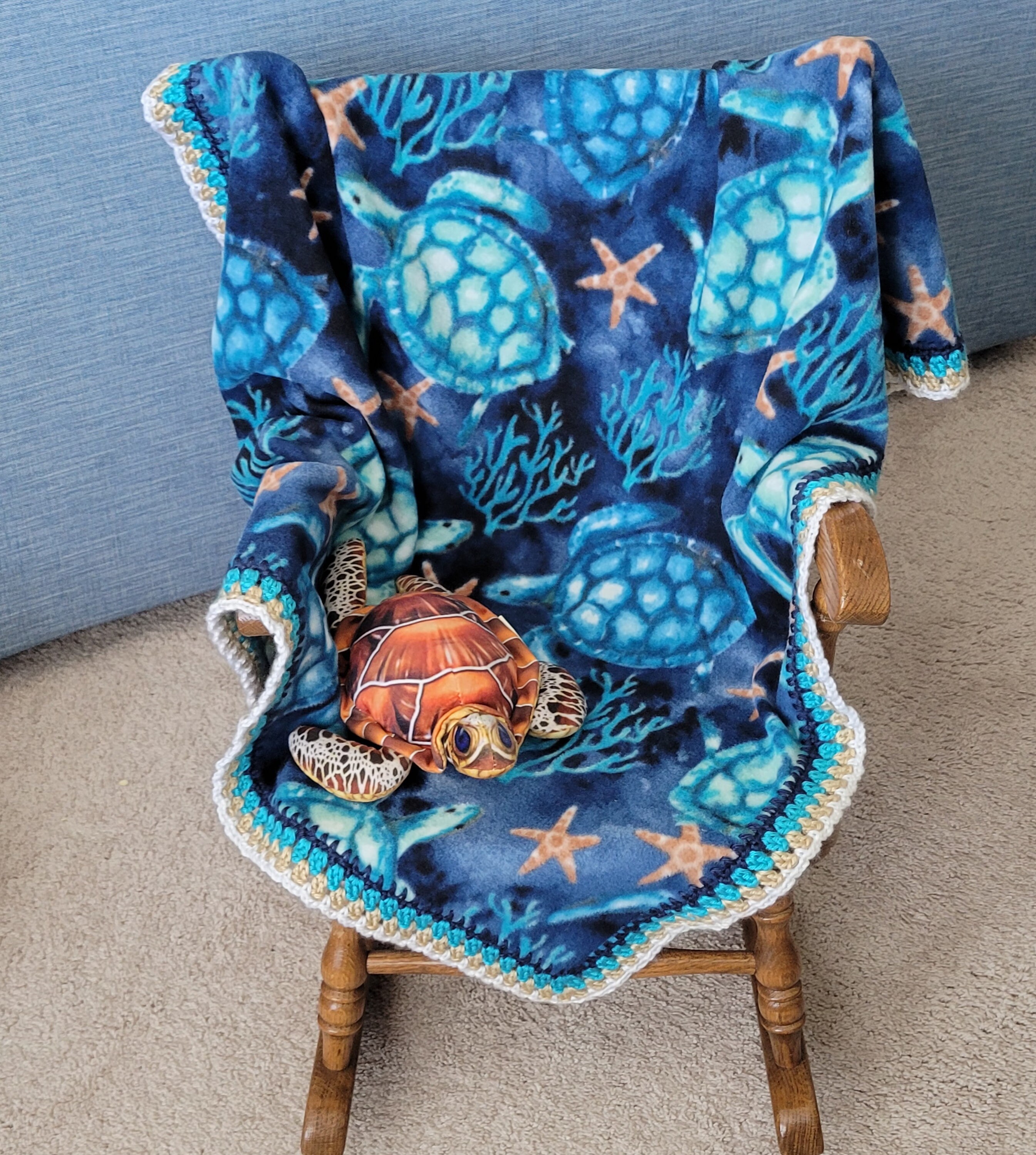 Child's turtle print fleece blanket with crocheted trim Etsy