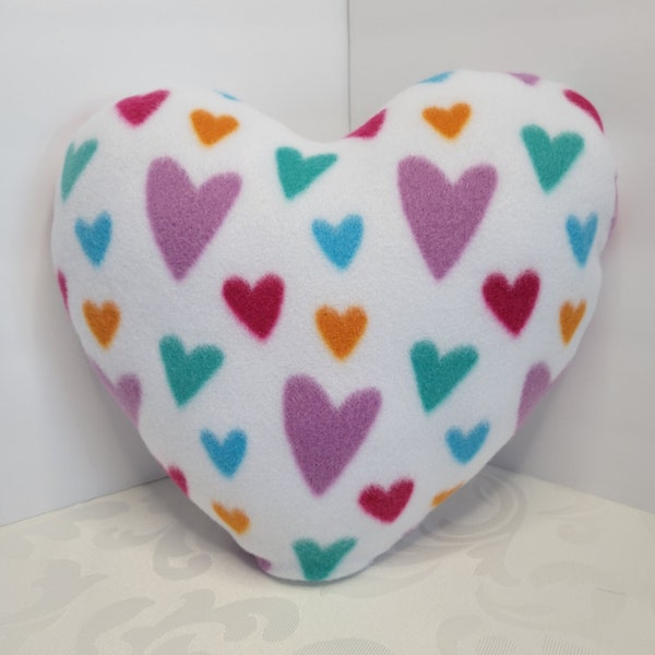 Heart shaped pillow, multi-colored hearts on white fleece, Valentine's Day gift, Valentine's decor, Mother's Day gift, Dorm, Couch pillow.