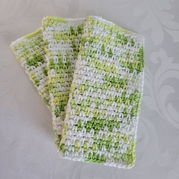 Crocheted cotton dishcloths in shades of green, Set of 3. St. Patrick's Day Kitchen Decor, Hostess Gift, Bridal Shower Gift