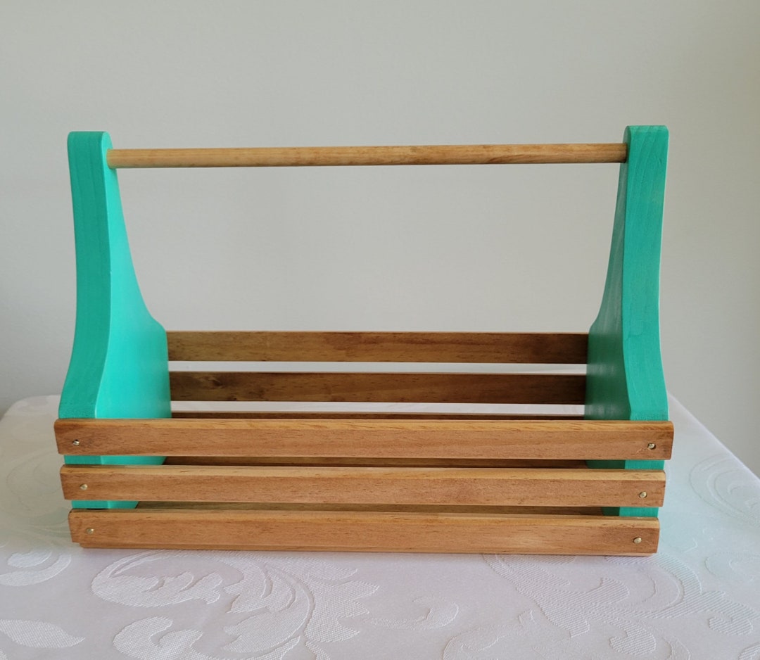 Green Handle Basket, Coastal Wood Slat Basket, Decorative Shelf or Table Basket, Home