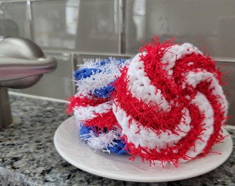 Patriotic kitchen scrubby set, Red white & blue pot scrubber Set of 4, Coastal kitchen scrubbies, Summer kitchen, Nautical Beach house decor