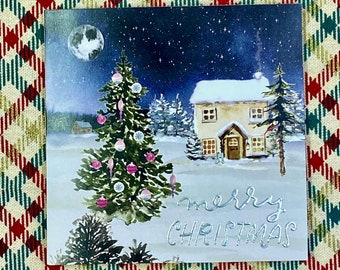 Handmade Christmas Card Square Winter Scene Decorated Tree