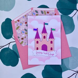 Prinzessinnenschloss, Geburtstagskarte, rosa Wolken, handgemacht, glänzend, für Kinder, Kindergeburtstag, Märchen, magisch, Märchenland, Fantasy