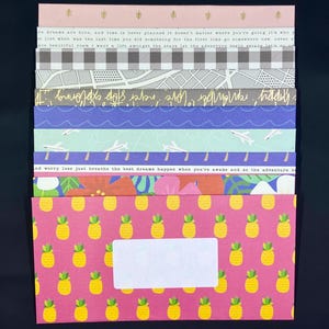 Umschläge Urlaub, Reisen, tropisch, Schneckenpost, glückliche Post, Briefe schreiben, pen pal, handgemachte Umschläge, gefütterte Umschläge, 10er Pack