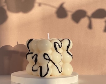 One Line Hand Painted Bubble Candle | Natural Soy Wax | Fragrance Free | Home Decor | Rubix Cube Candles | Luxury White Bubble Candle