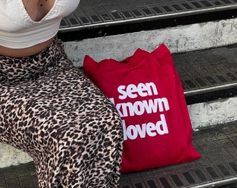 Seen Known Loved | Red Tote Bag | Shopping Bag | Shoulder Bag |  Positive Quotes | Beach Bag | Summer Bag |  Minimalist | Boho Vintage Style