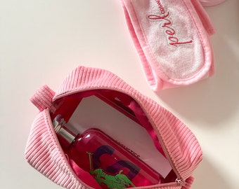 Pink Jumbo Corduroy Make Up Bag | Cosmetic Bag | lined with mat satin | Travel Pouch | Zip-up pouch | Handmade | Luxury | Accessories bag