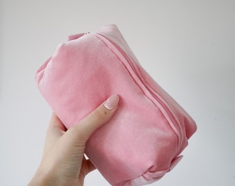 Pink Velvet Make Up Bag | Cosmetic Bag |  lined with polka dot cotton  | Travel Pouch | Zip-up pouch | Handmade | Luxury | Accessories bag