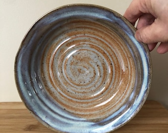 Pottery Serving Bowl Tan with Brown Wavy Rim Handmade Ceramic Gift