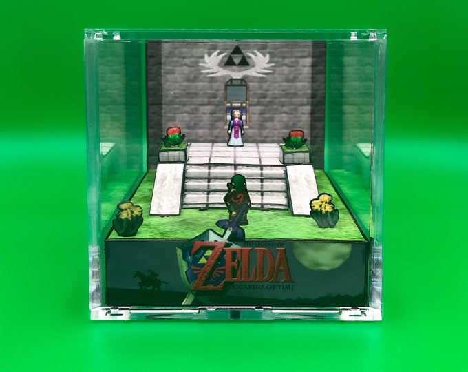 Legend of Zelda: Ocarina of Time Diorama Cube - Link and Zeldas First Meeting - Video Game Room Decoration OOT