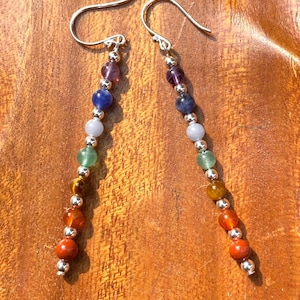 Sterling Silver Chakra Healing Earrings, 7 Chakras Gemstone Earrings, 925 Sterling Silver, 4mm Chakra Gemstone Beaded Earrings,Yoga Earrings