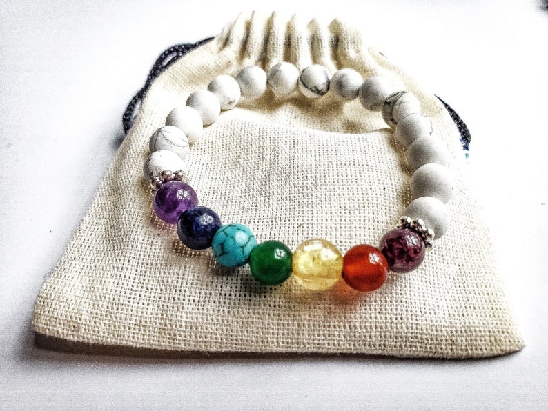 Chakra Healing Bracelet 7 Chakra Gemstone Beads with White Howlite Bead Base Yoga Bracelet image 8