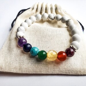 Chakra Healing Bracelet 7 Chakra Gemstone Beads with White Howlite Bead Base Yoga Bracelet No silver spacers