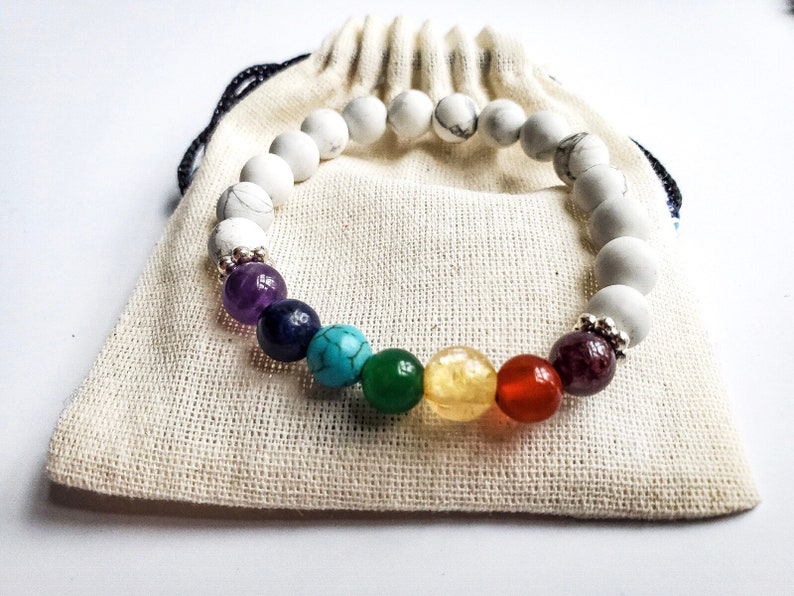 Chakra Healing Bracelet 7 Chakra Gemstone Beads with White Howlite Bead Base Yoga Bracelet No silver spacers