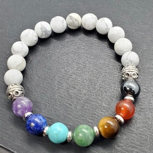 Chakra Healing Bracelet 7 Chakra Gemstone Beads with White Howlite Bead Base Yoga Bracelet With Silver Spacers
