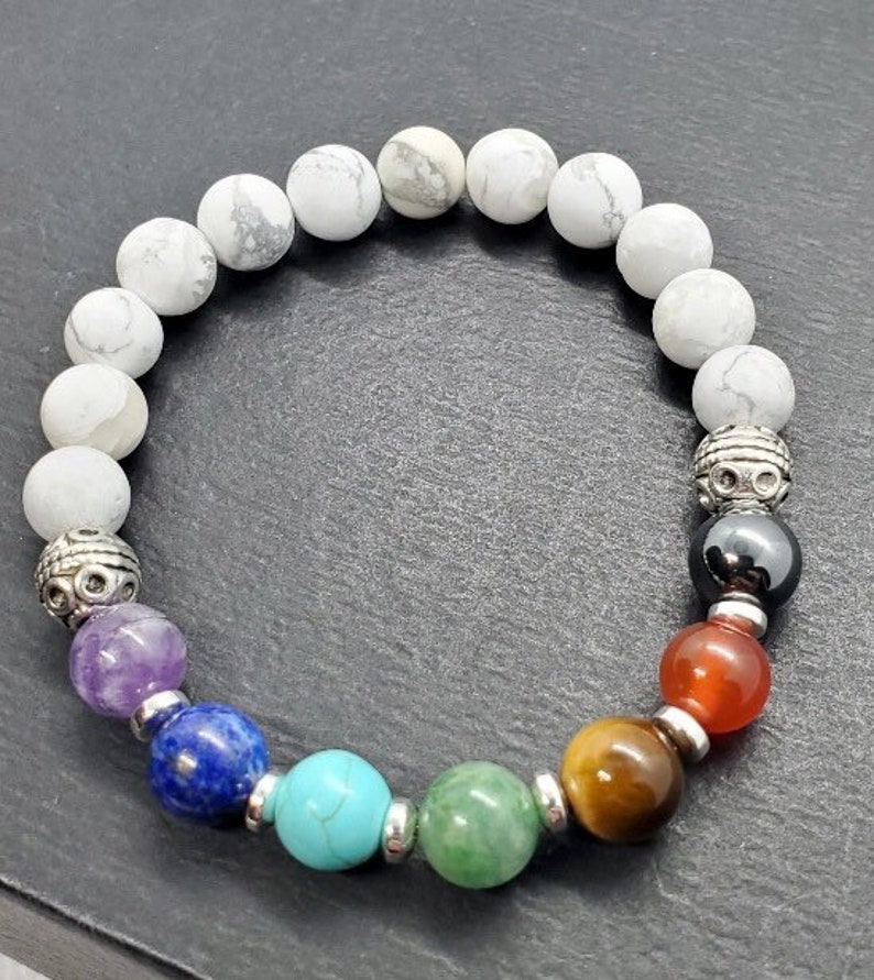 Chakra Healing Bracelet 7 Chakra Gemstone Beads with White Howlite Bead Base Yoga Bracelet With Silver Spacers
