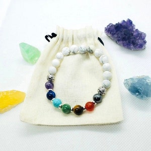 Chakra Healing Bracelet 7 Chakra Gemstone Beads with White Howlite Bead Base Yoga Bracelet image 1
