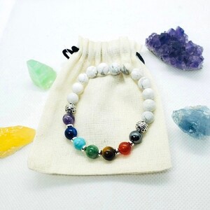 Chakra Gemstone Healing Bracelet, 7 Chakras Gemstone Bracelet, 8mm Howlite Bead Base & Chakra  Stone Bead Bracelet,Yoga Bracelet, Meditation