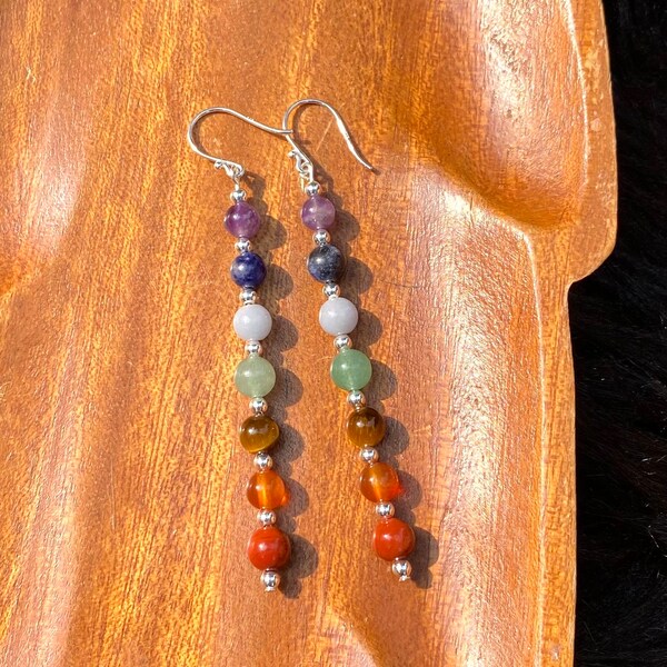 925 Sterling Silver Chakra Healing Earrings, 7 Chakra Gemstone Earrings, Sterling Silver Ear Wires, 6mm Chakra Stone Earrings, Yoga Earrings