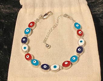 Multicolored Evil Eye Bracelet, Enamel & Silver Evil Eye Beads, Rainbow Evil Eye Beads, 925 Silver Clasp and Spacers, Evil Eye Protection