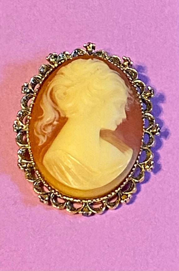 Cameo Brooch, Vintage Gerry’s Resin and Gold Tone… - image 1