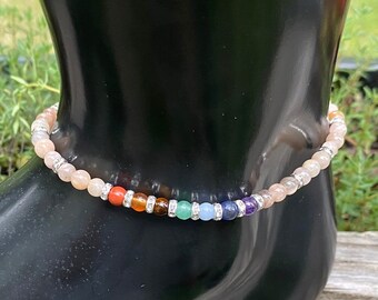 Summer Chakra Anklet, 7 Chakra Gemstone Anklet, Peach Moonstone Chakra Anklet, Beaded Anklet, Meditation Anklet, Yoga Anklet, Dainty Anklet