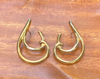 Vintage 80’s Trifari Polished Goldtone Abstract Swirl Earrings, Trifari Goldtone Pierced Swirl Earrings, Vintage 80s Goldtone Swirl Earrings