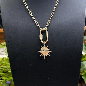 Gold Paperclip Chain Necklace: Starburst Pendant, Carabiner Clasp