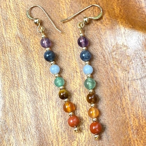 Gold Filled Chakra Gemstone Earrings, 7 Chakra Gemstones, 14k Gold Filled Ear Wires, Yoga Earrings, 4mm Chakra Stone Beads,Reiki, Meditation