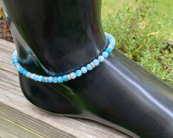 Summer Anklet, Larimar Anklet, AAA Grade Larimar Beaded Anklet, Larimar & Rhinestone Spacers with Sterling Silver Lobster Clasp, Blue Anklet