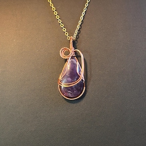 Genuine Amethyst Wire Wrapped Pendant with 18k Gold Plated Cable Chain Necklace, Copper Wire Wrap, Teardrop Shape Amethyst Cabochon Pendant