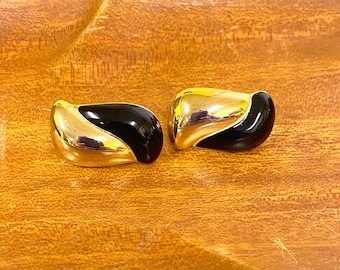 Designer Monet Classic 1980's Gold Tone & Black Enamel Abstract Art Pierced Earrings, Vintage 80’s Monet Black Enamel and Gold Tone Pierced