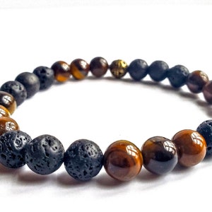 Genuine Tiger’s Eye and Black Lava Stone Unisex Bracelet, Tiger’s Eye and Lava Stone Bracelet, Masculine Bracelet, Black and Brown Bracelet