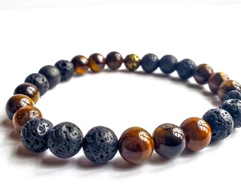 Pulsera unisex de ojo de tigre y piedra de lava con difusor de aceites esenciales.