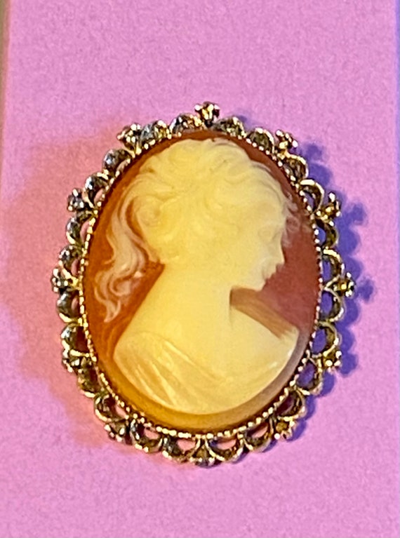 Cameo Brooch, Vintage Gerry’s Resin and Gold Tone… - image 2