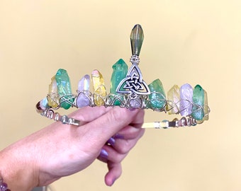 Quartz Crystal Gemstone Headband, Aura Quartz Point Crown, Triquetra Charm, Gemstone headband, Purple, Green & Clear Quartz Crystal Crown