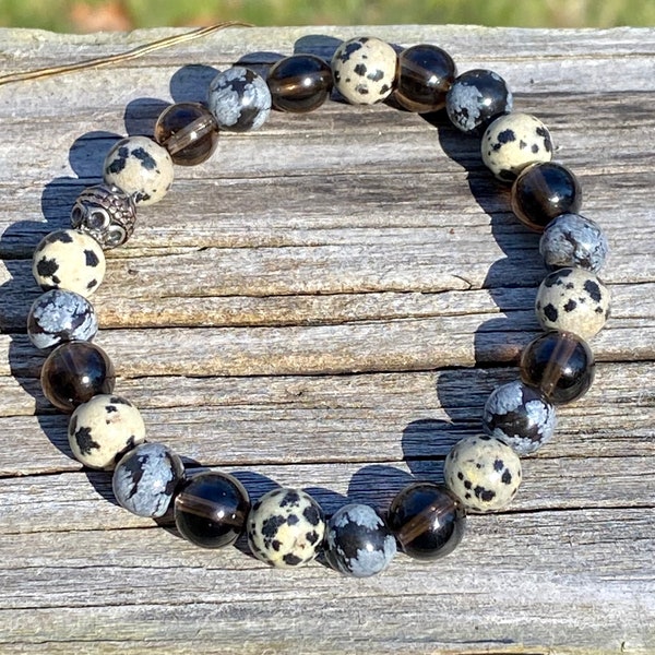 Smoky Quartz, Snowflake Obsidian and Dalmatian Jasper Bracelet, Unisex Bracelet, Smokey Quartz, Dalmatian Jasper and Snowflake Obsidian Bead