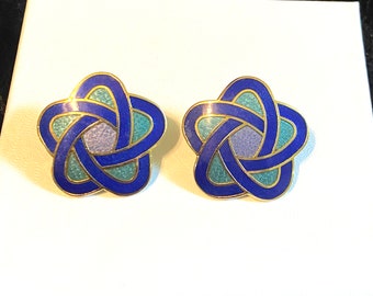 Vintage 80’s Unsigned Cloisonne Pierced Earrings, Shades of Blue, Purple & Teal on Gold Tone Metal, 80’s Cloisonne Knot Design Post Earrings