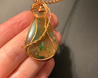 Moss Agate Wire Wrapped Pendant Necklace, Copper Wire Wrapped Moss Agate, Moss Agate Teardrop Cabochon, Moss Agate Necklace and Copper Chain