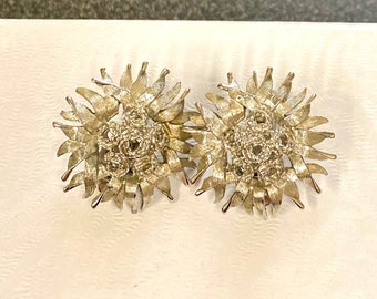 Late 50’s Early 60’s Monet Silver-Tone Clip On Flower Earrings, Vintage Monet Silver Sculpted Flower, Sunflower Mid-Century Clip On Earrings