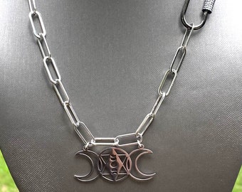 Collar con colgante de diosa de la triple luna: gargantilla de cadena con clip de acero inoxidable