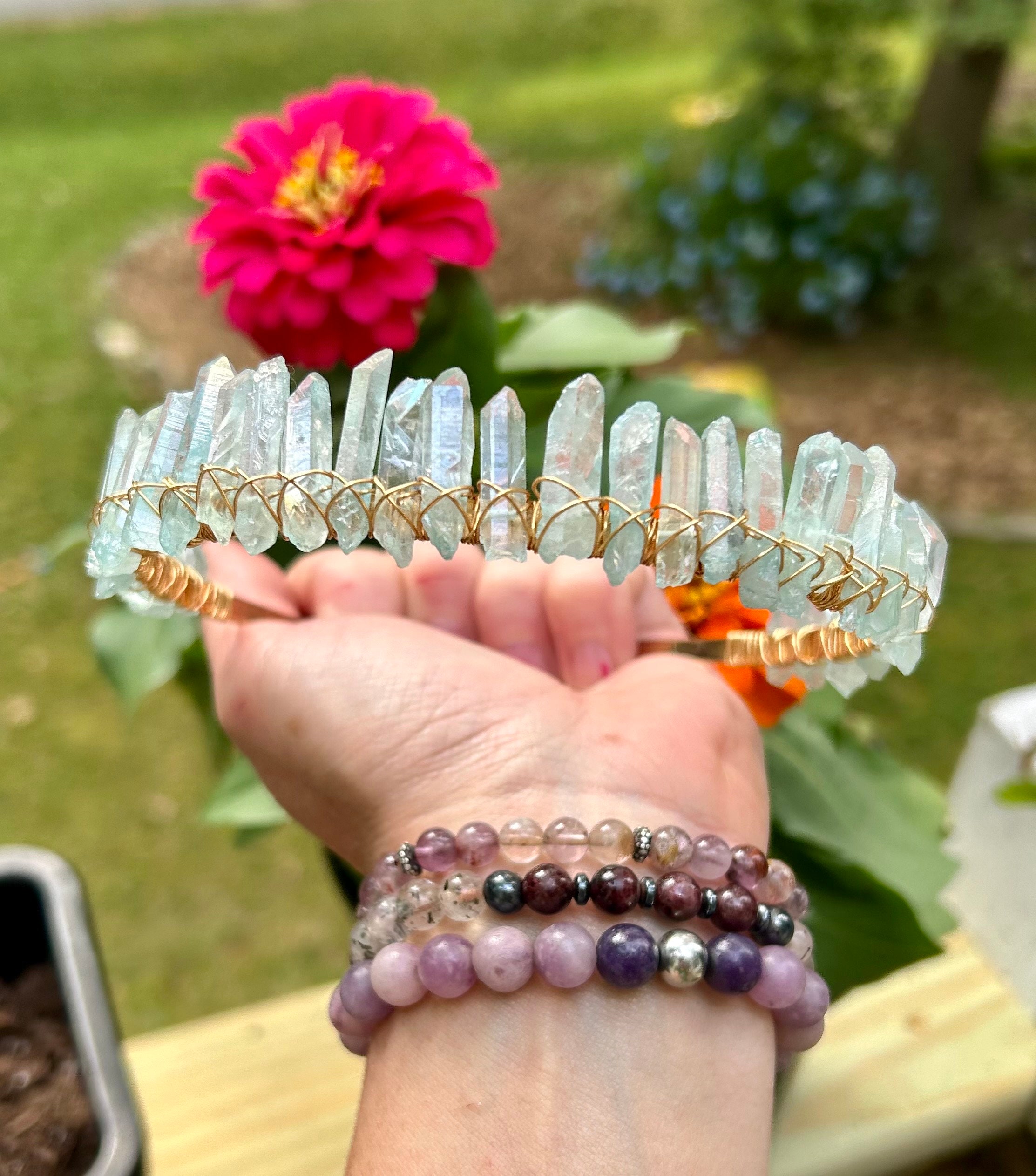 Blue Aura Quartz Crystal Wite Wrapped Headband: Gold Wire 