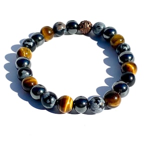 Genuine Tiger’s Eye, Hematite and Snowflake Obsidian Bracelet, Unisex Bracelet, Brown, Black & Grey Gemstone 8mm Beaded Bracelet, Masculine