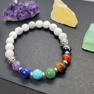 Chakra Healing Bracelet 7 Chakra Gemstone Beads with White Howlite Bead Base Yoga Bracelet image 3