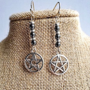 Silver Pentagram Earrings, Pentacle Earrings, Wiccan Earrings, Wiccan Charm Earrings, Pentagram and Hematite 925 Sterling Silver Ear Wires