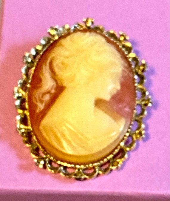 Cameo Brooch, Vintage Gerry’s Resin and Gold Tone… - image 6