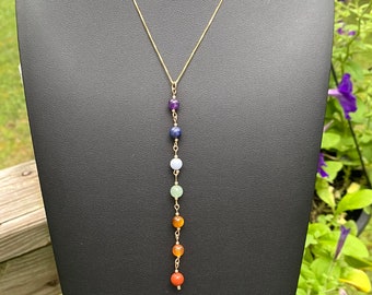 Gold Chakra Gemstone Necklace, 7 Chakra Gemstone Pendant with 14k Gold Filled 16” Box Chain, Yoga Necklace, 14k GF Chakra Healing Necklace