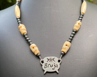 Bruja Charm Beaded Choker Necklace, Witch Choker, Triple Moon Witch Charm, Hematite Beads, Bone Beads with Carved Skull Face, Bruja Witch