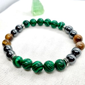 Green Malachite, Tiger’s Eye and Hematite Unisex Bracelet, Malachite, Tiger&#39;s Eye and Hematite Semiprecious Stones, Green, Black and Brown