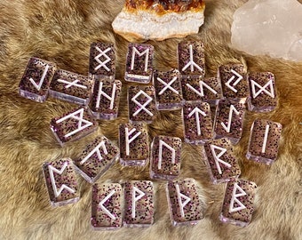 Resin Rune Set, Clear with Purple Glitter Resin Runes with Rune Pouch, Elder Futhark Runes, Norse Runes, Viking Divination Tool, Norse Pagan